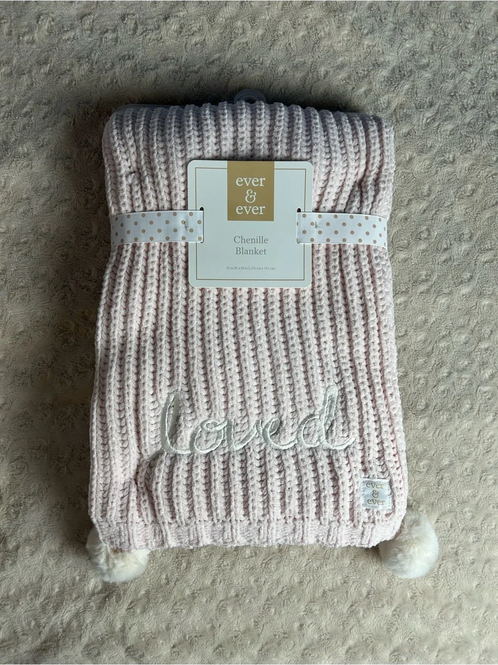Ever & Ever Loved Pink Chenille Baby Blanket White Pom Poms Soft Knit Lovey